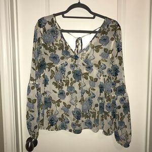 Long Sleeve Sheer Floral Shirt with Tie Back